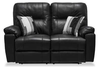 Made in Canada Dawson 64" Genuine Leather Power Reclining Loveseat with USB Port and Accent Pillows – Black | Causeuse à inclinaison électrique Dawson de 64 po fabriquée au Canada en cuir véritable avec port USB et coussins décoratifs - noir