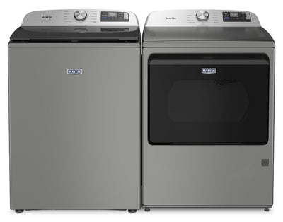Maytag 6.0 Cu. Ft. Smart Top-Load Washer and 7.4 Cu. Ft. Gas Dryer – Radiant Silver  | Laveuse intelligente à chargement par le haut de 6,0 pi3 et sécheuse à gaz de 7,4 pi3 de Maytag - argenté radieux