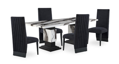 Vega 5pc Dining Set with Table & 4 Chairs, Marble Look, Pedestal Base, 82"W - Black & White | Ensemble de salle à manger Vega 5 pièces avec table de 82 po (L), imitation de marbre, base piédestal et 4 chaises - noir et blanc