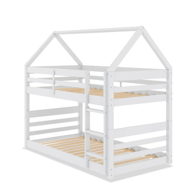 Gemma Twin Over Twin House Bunk Bed with Roof, Built-in Ladder & Guardrails for Kids - White | Lits simples superposés Gemma en forme de maison avec toit, échelle intégrée et garde-corps pour enfants - blancs