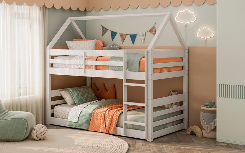 Gemma Twin Over Twin House Bunk Bed with Roof, Built-in Ladder & Guardrails for Kids - White