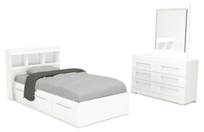 Riley Mates Bed 5pc Set with Bookcase Headboard, Dresser & Mirror, White - Twin Size | Ensemble lit matelot Riley 5 pièces avec tête de lit bibliothèque, commode et miroir, blanc - format lit simple