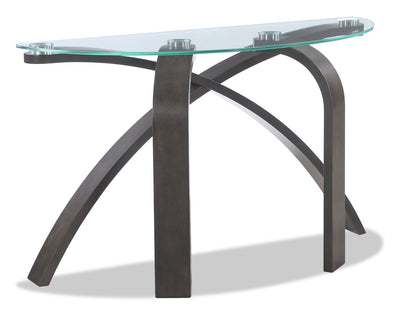 Jorja 46" Modern Glass Top Sofa Table - Brown with Bentwoood Legs|Table de salon moderne Jorja de 46 po avec dessus en verre - brune avec pattes en bois cintré