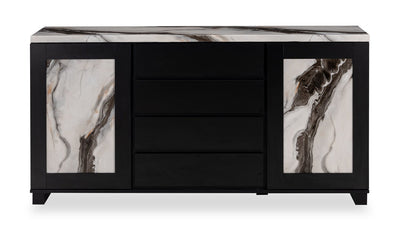 Vega Dining Server with Storage & 4 Drawers, Marble Look, 66"W - Black & White | Desserte de salle à manger Vega de 66 po (L) en imitation de marbre avec rangement et 4 tiroirs - noire et blanche