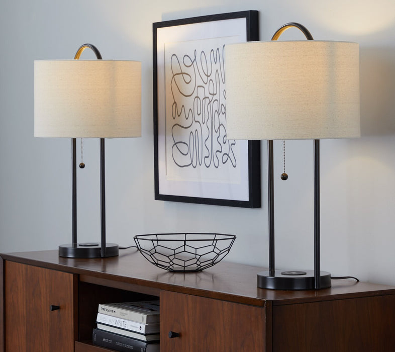Orbit 28\" Metal Table Lamp with Wireless Charging and Natural Linen Shade – Oil Bronze