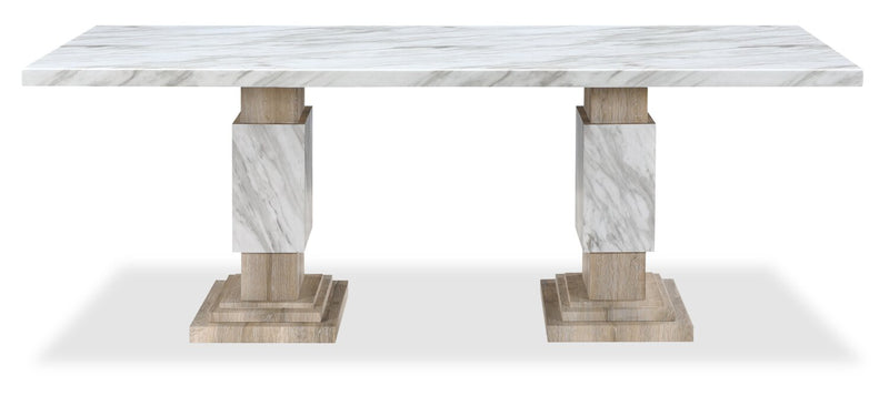 Vega 5pc Dining Set with Table & 4 Chairs, Marble Look, Pedestal Base, 82\"W - Natural & White