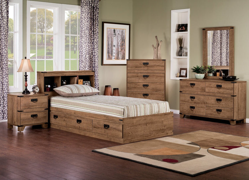 Driftwood Mates Bed 6pc Set with Storage Headboard, Dresser, Mirror & Nightstand, Brown - Full Size