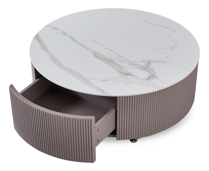 Circa 31.5\" Modern Round Coffee Table with White Sintered Stone Top, Storage and Casters - Grey-Taupe