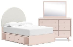 Lola 5pc Bedroom Set with Storage Bed, Dresser & Mirror, Boucle Fabric & Blush - Full Size