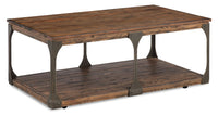 Albany 48” Industrial Pine Coffee Table with Shelf and Casters - Bourbon 