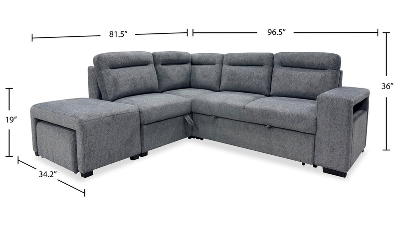 Coast 3-Piece Left-Facing Fabric Sleeper Sectional with Storage and Ottoman - Smoke