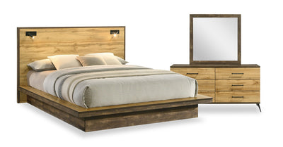Silas 5pc Bedroom Set with Platform Bed, Dresser & Mirror, LED, Rustic Brown - Queen Size | Ensemble de chambre à coucher Silas 5 pièces brun rustique avec lit plateforme, commode, miroir et éclairage à DEL - format grand lit