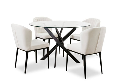 Zoe 5pc Dining Set with Table & 4 Chairs, Glass Top, Metal Geometric Base, 47"W Round - Black & Ivory | Ensemble de salle à manger Zoe 5 pièces avec table ronde de 47 po (L), dessus en verre, base géométrique en métal et 4 chaises - noir et ivoire