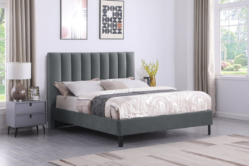 Amos Upholstered Platform Bed in Charcoal Fabric with Channelled Headboard - King Size