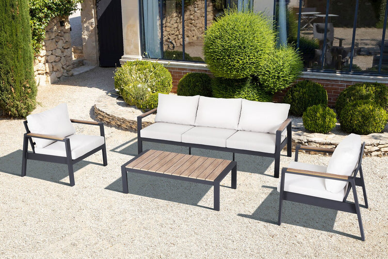 Tuscany  4-Piece Outdoor Patio Set with Sofa, 2 Chairs & Coffee Table - Metal, UV & Weather Resistant - Beige/Black