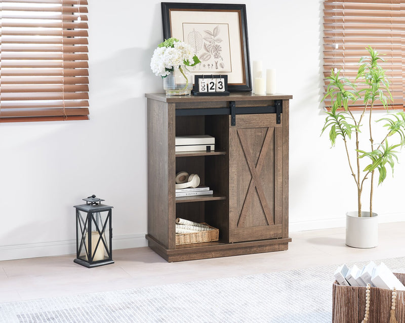 Bristow 31” Accent Cabinet with Shelves and Sliding Barn Door - Walnut Oak
