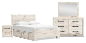 Derekson 6pc Bedroom Set with Side Storage Bed, Dresser, Mirror & Nightstand, Rustic White - Full Size