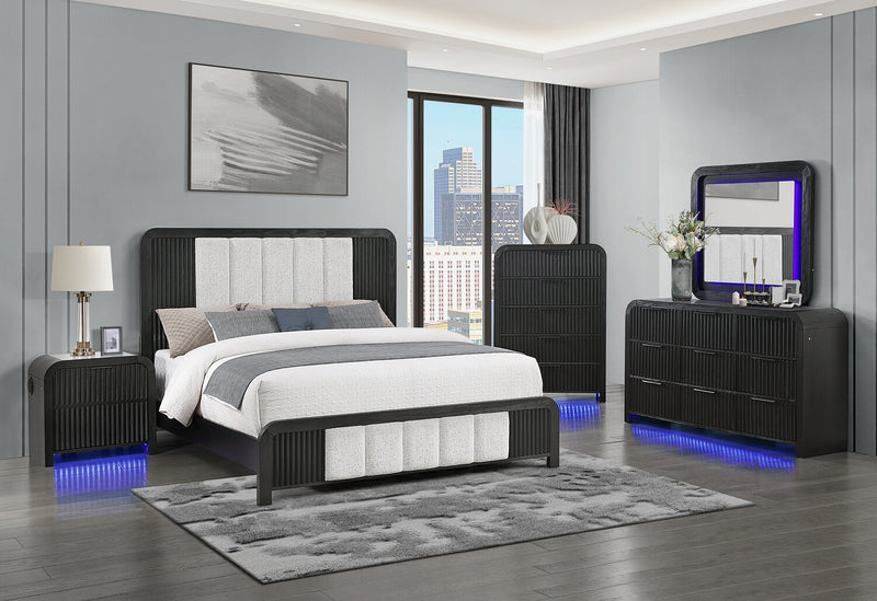 Kaleo Panel Bed with Headboard & Frame, LED, Fabric Panels, Modern, Black - King Size