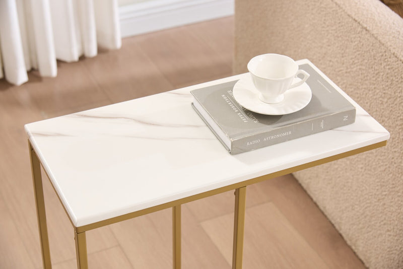 Voss 20\" Accent Table with Marble-Look Top – White & Gold 