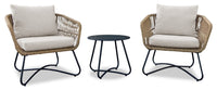 Sicily 3-Piece Outdoor Patio Conversation Set with 2 Chairs & Round Metal End Table - Resin Wicker, UV & Weather Resistant - Natural/Black 