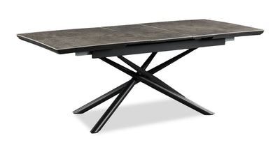 Tavo Dining Table with 63-79"W Extension, Sintered Stone & Metal, Geometric Pedestal Base - Grey/Black | Table de salle à manger Tavo en pierre frittée et métal avec rallonge de 63 po à 79 po (L) et base piédestal géométrique - grise et noire