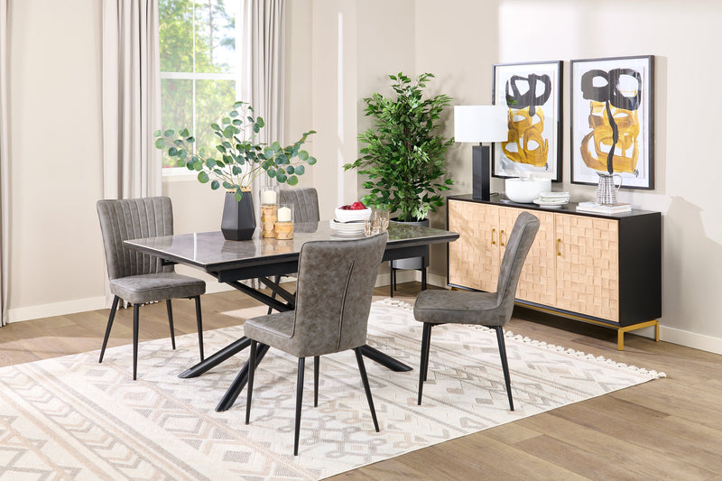 Tavo Dining Table with 63-79\"W Extension, Sintered Stone & Metal, Geometric Pedestal Base - Grey/Black