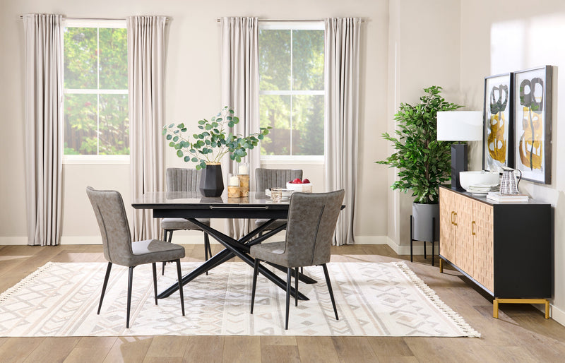 Tavo Dining Table with 63-79\"W Extension, Sintered Stone & Metal, Geometric Pedestal Base - Grey/Black