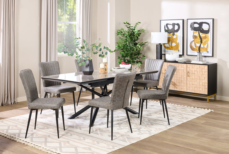 Tavo Dining Table with 63-79\"W Extension, Sintered Stone & Metal, Geometric Pedestal Base - Grey/Black