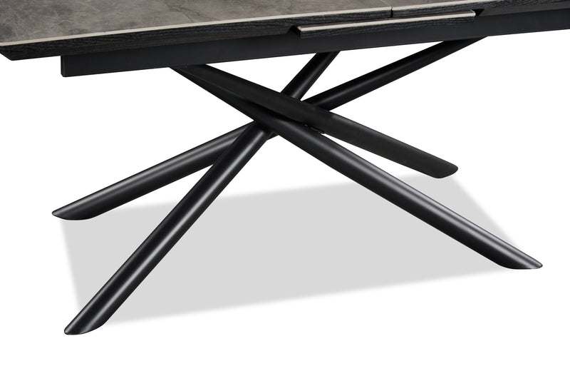 Tavo Dining Table with 63-79\"W Extension, Sintered Stone & Metal, Geometric Pedestal Base - Grey/Black