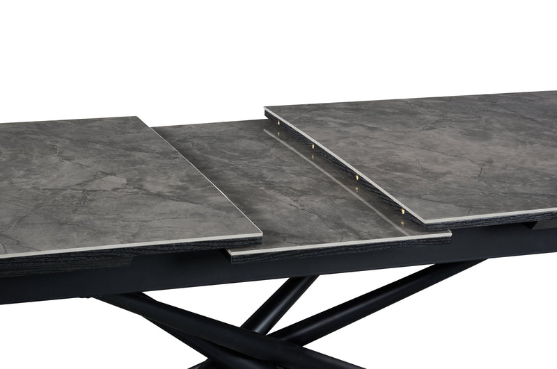 Tavo Dining Table with 63-79\"W Extension, Sintered Stone & Metal, Geometric Pedestal Base - Grey/Black