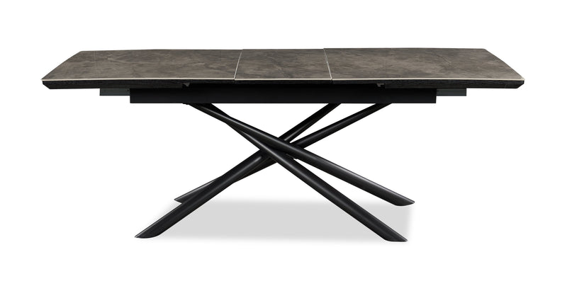 Tavo Dining Table with 63-79\"W Extension, Sintered Stone & Metal, Geometric Pedestal Base - Grey/Black