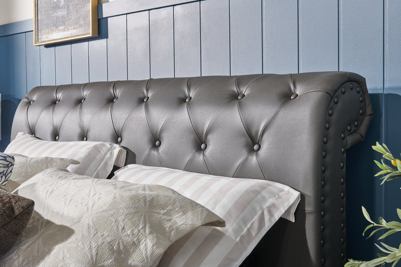 Tulsa Upholstered Platform Bed in Grey Vegan-Leather Fabric, Button Tufted - Queen Size
