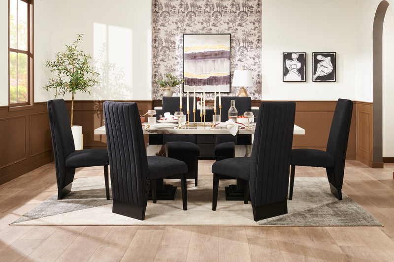 Vega Dining Chair with Polyester Fabric, Wood, Channeled Tufting - Black
