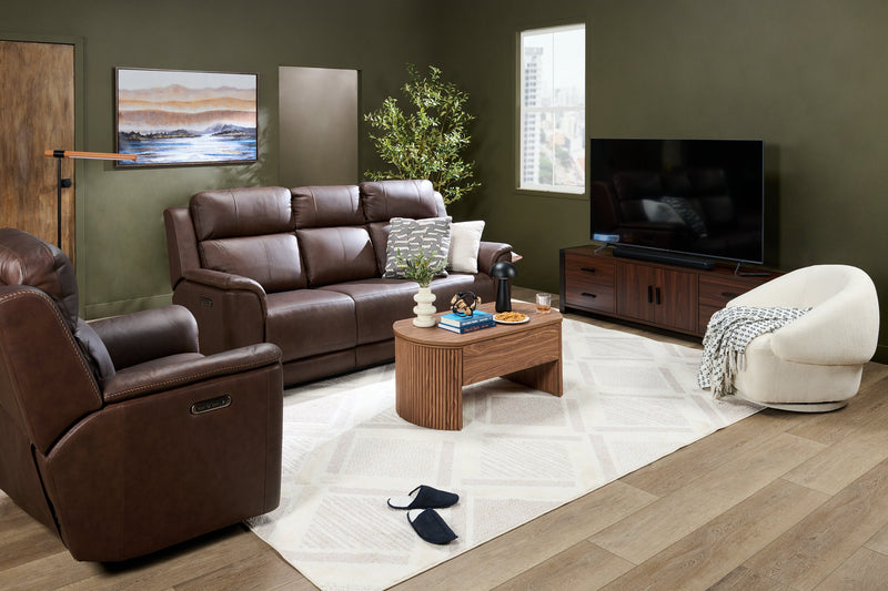 Vibe 85\" Genuine Leather Massage Power Reclining Sofa with Immersive Audio and Power Headrests - Brown