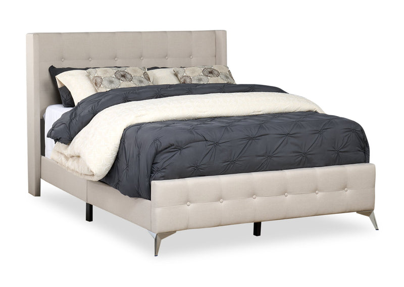 Zara Upholstered Bed in Beige Linen-Look Fabric - Button Tufted - Queen Size