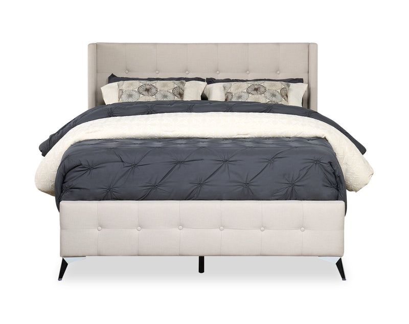 Zara Upholstered Bed in Beige Linen-Look Fabric - Button Tufted - Queen Size