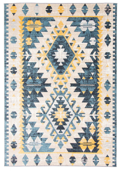 Mosaic Taupe/Blue Machine Washable Area Rug - 3'0" x 5'0"