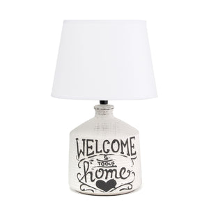 Simple Designs Welcome Home Rustic Ceramic Farmhouse Foyer Entryway Accent Table Lamp with Fabric Shade