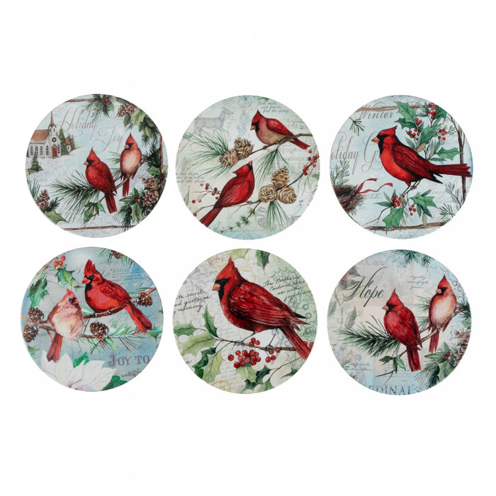 Christmas 8\" Round Ceramic Cardinal Coaster - Set of 6