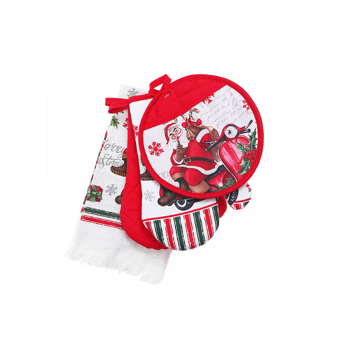 4 Pc Kitchen Set Santa on Scooter - Set of 2 Kitchen Linen