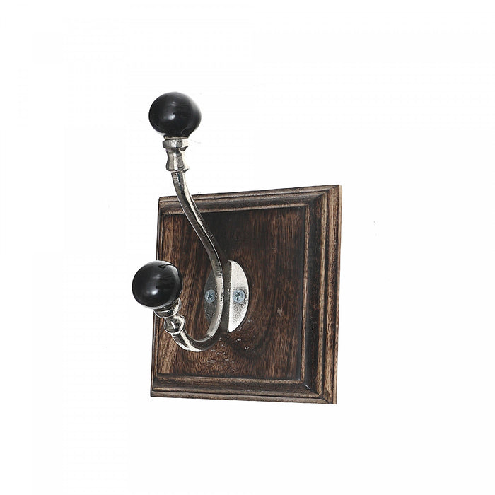 Antique Nickel Hook with Black Knob on Wood Base Walnut - Set of 2 Hooks