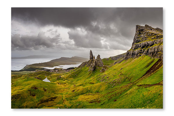 Panoramic View Of Old Man Of Storr Mountains 28x42 Wall Art Frame And Fabric Panel