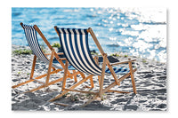 Striped Chaise Lounges And Cooler On Sandy Beach 24x36 Wall Art Frame And Fabric Panel