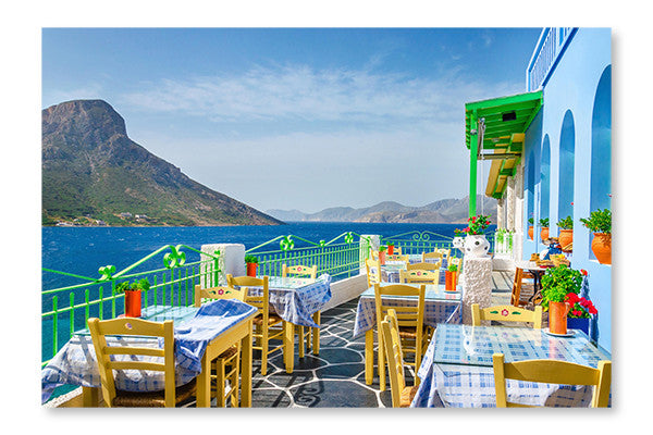 Panoramic View On Typical Greek Restaurant 16x24 Wall Art Frame And Fabric Panel
