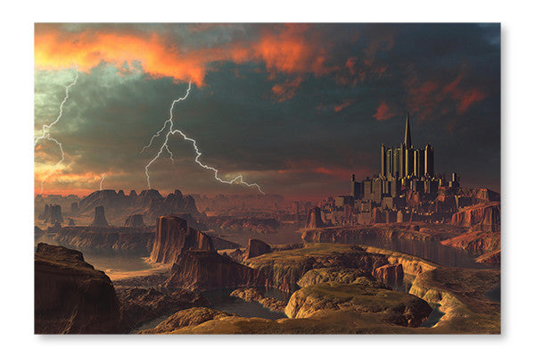 Electric Storm Over Distant Alien City 16x24 Wall Art Frame And Fabric Panel