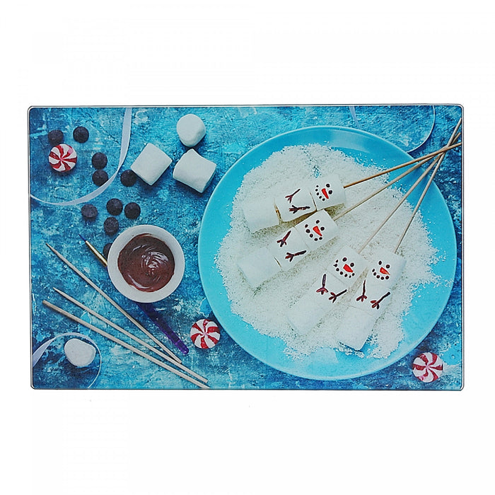Printed Glass Cutting Board Snowman Marshmallow - Set of 2