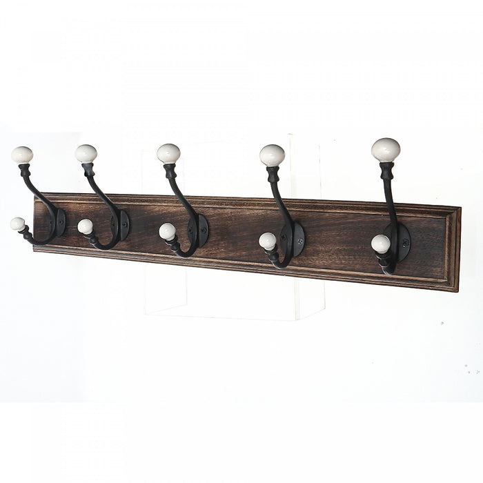 5 Iron Hooks with Ceramic Knobs on Wood Base
