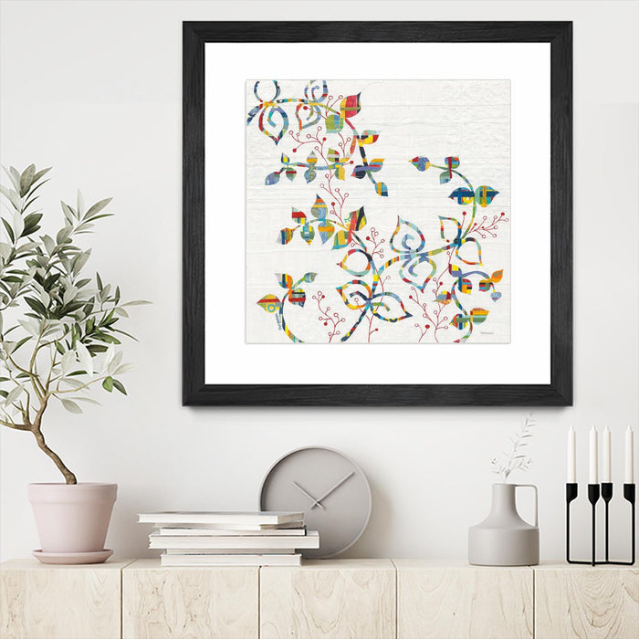 \"Rainbow Vines With Berries\" Matted and Framed Black 30x30 Wall Art