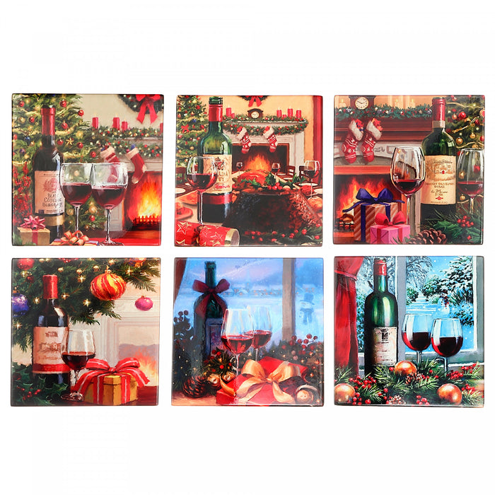 Christmas 8\" Square Ceramic Wine Coaster - Set of 6