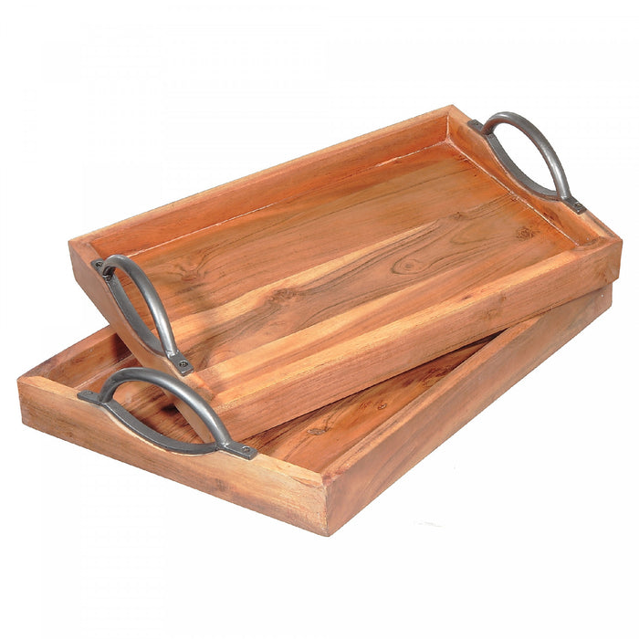 Rect. Wooden Tray with Curved Handles Set of 2